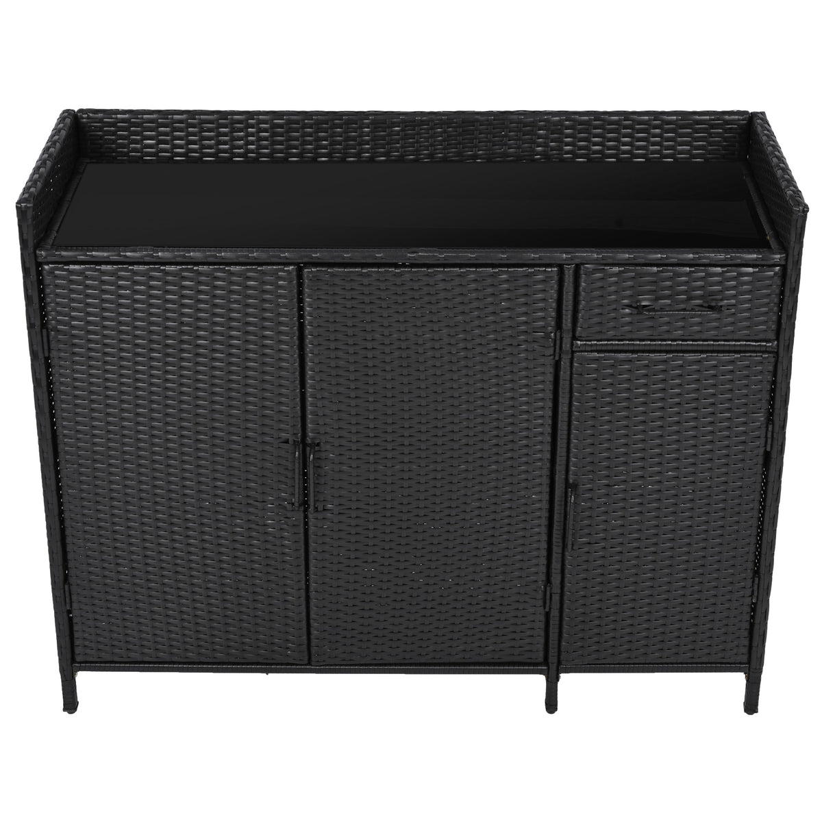 variant-group:rf-n707p233745b|Roomfitters 47.5" Wicker Outdoor Storage Cabinet, Rattan Bar Table with Glass Top, Adjustable Shelf, 3 Doors, Black Brown