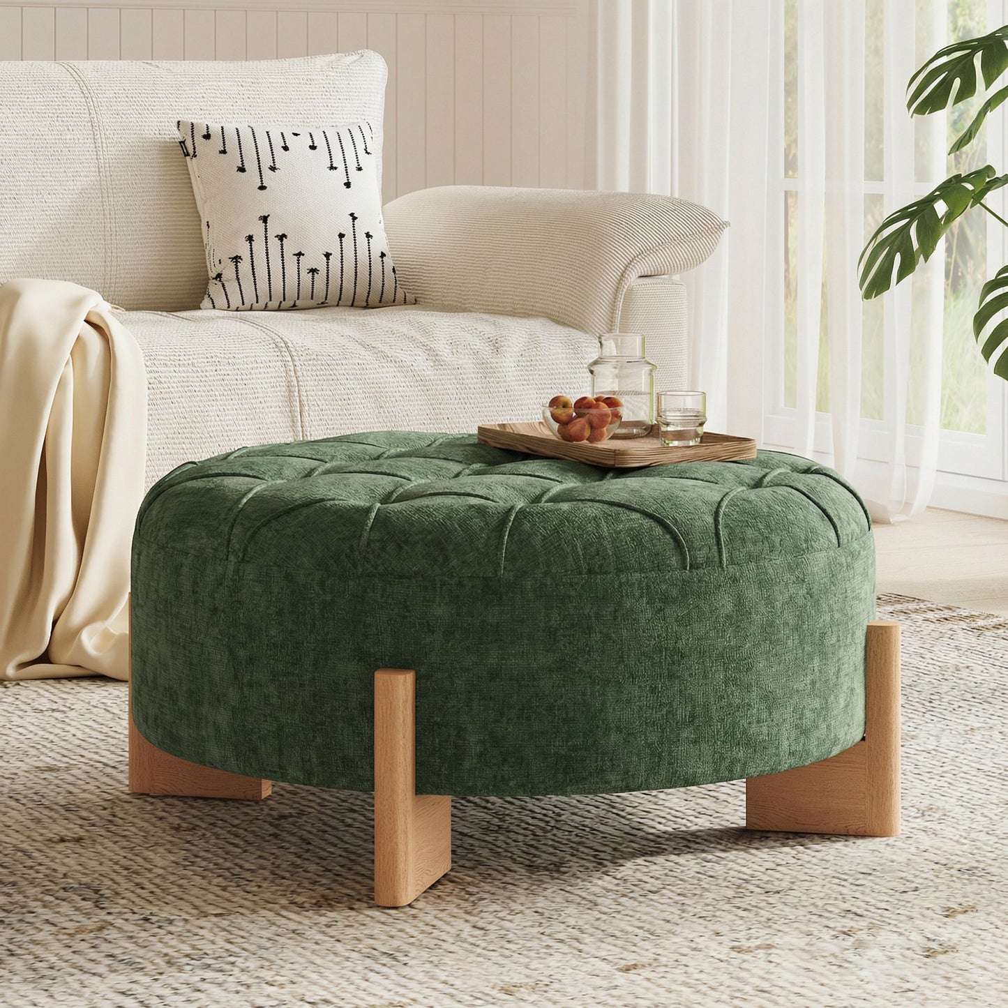 Roomfitters 32 Inch Oversized Round Button-Tufted Ottoman, Upholstered Coffee Table Footrest with Wood Legs, Roomfitters
