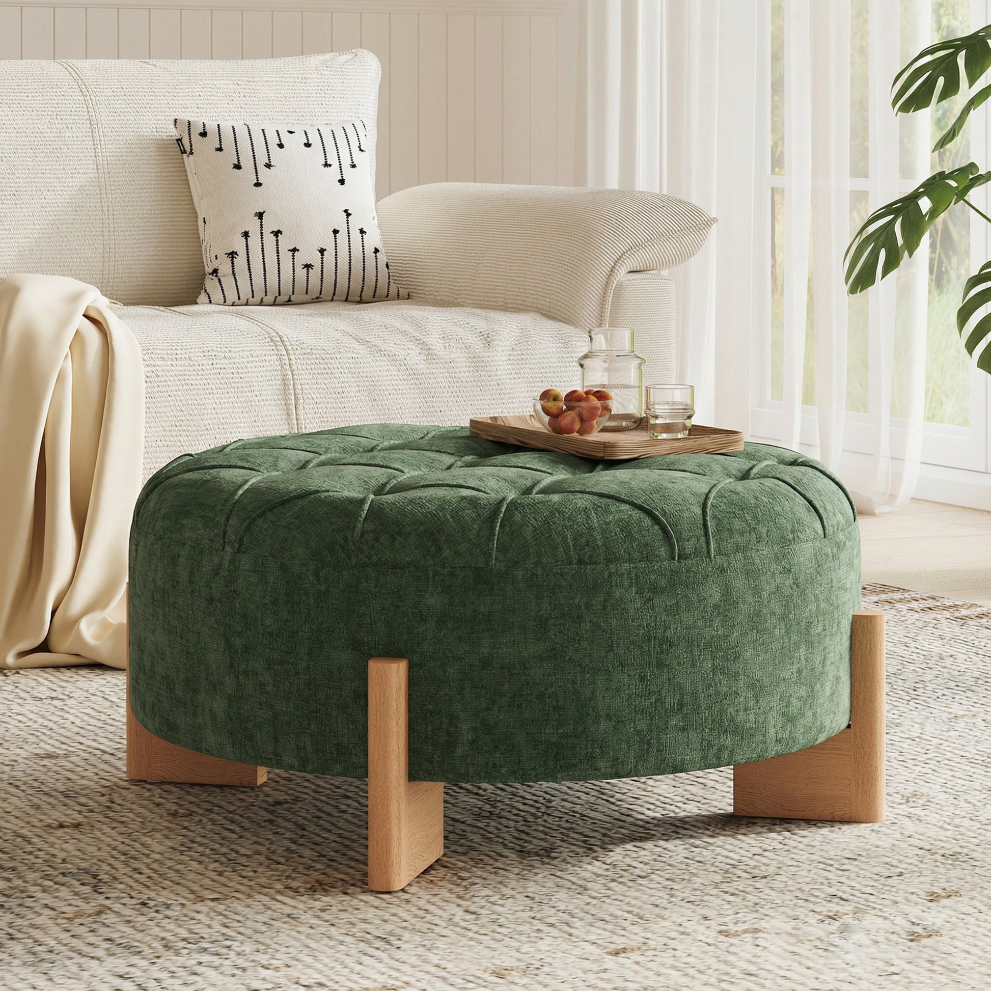 Roomfitters 32 Inch Oversized Round Button-Tufted Ottoman, Upholstered Coffee Table Footrest with Wood Legs, Roomfitters