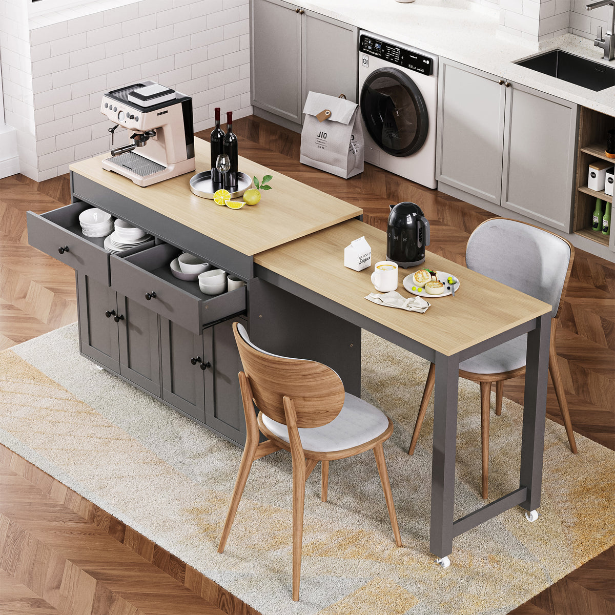 variant-group:rf-n707p333291g|Roomfitters 74.8" Rolling Kitchen Island with Extendable Dining Table, Mobile Cart with 4 Doors, 2 Drawers & Spice Rack, Grey