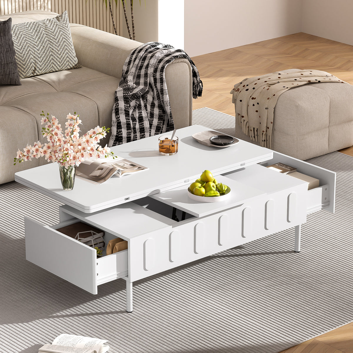 variant-group:rf-n724p292514k|Roomfitters Lift-Top Coffee Table with 2 Drawers and Foldable Top, Hidden Storage Compartment, Adjustable Center Table, White