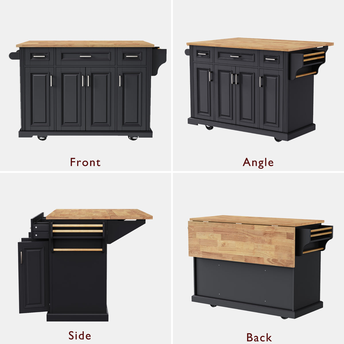 variant-group:rf-n707s195395b|Roomfitters 54" Kitchen Island with Wood Top, Rolling Storage Cabinet with 3 Drawers and 3 Doors, Spice Rack, Black