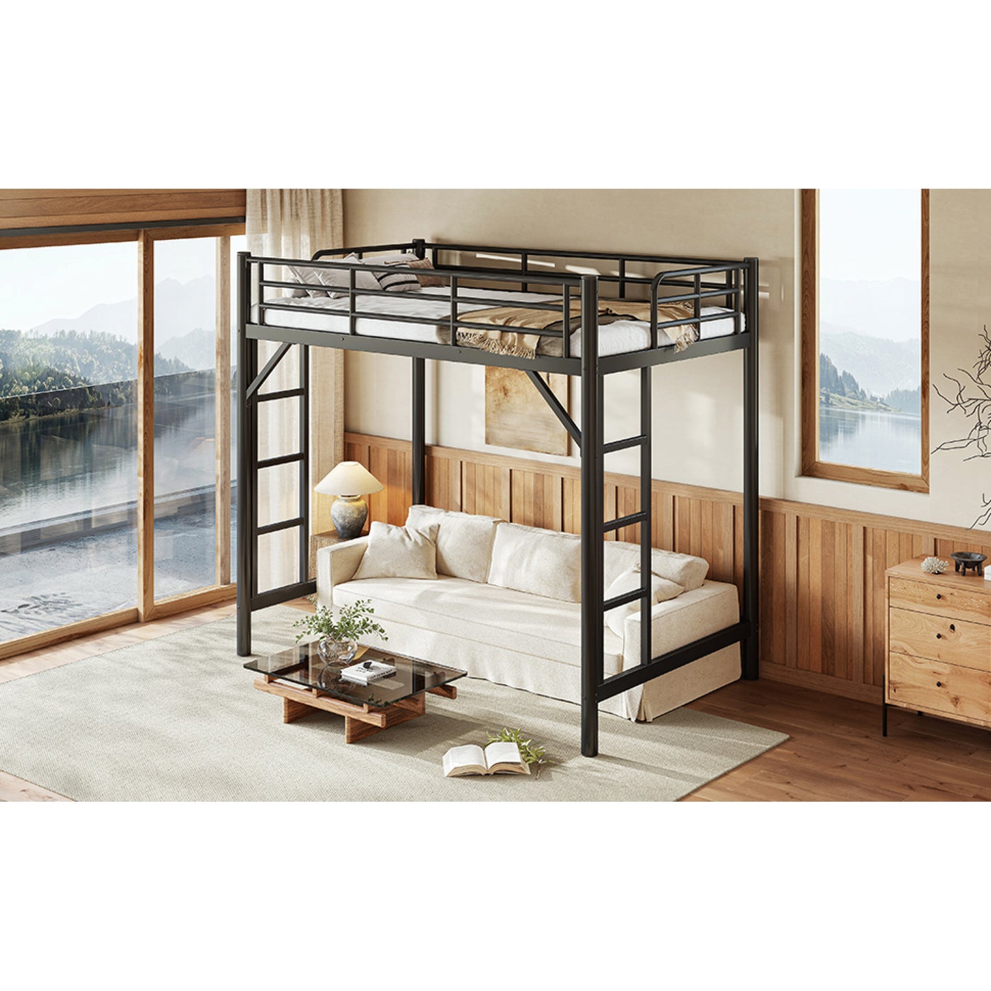 variant-group:rf-w1580p455010|Roomfitters Twin Size Metal Loft Bed Frame with Guardrails, Heavy Duty Space Saving High Loft Bed Dual Ladders, Black