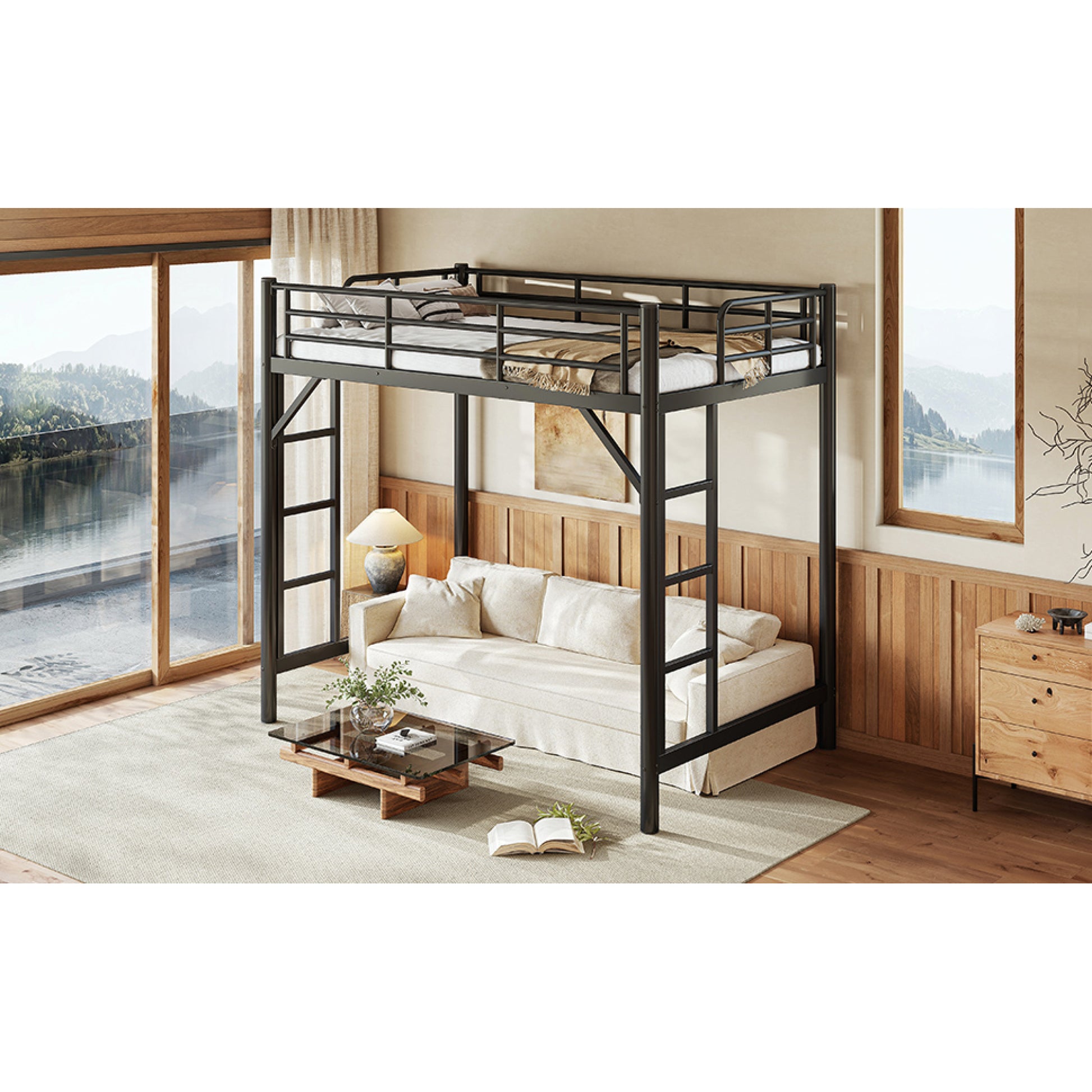 variant-group:rf-w1580p455010|Roomfitters Twin Size Metal Loft Bed Frame with Guardrails, Heavy Duty Space Saving High Loft Bed Dual Ladders, Black