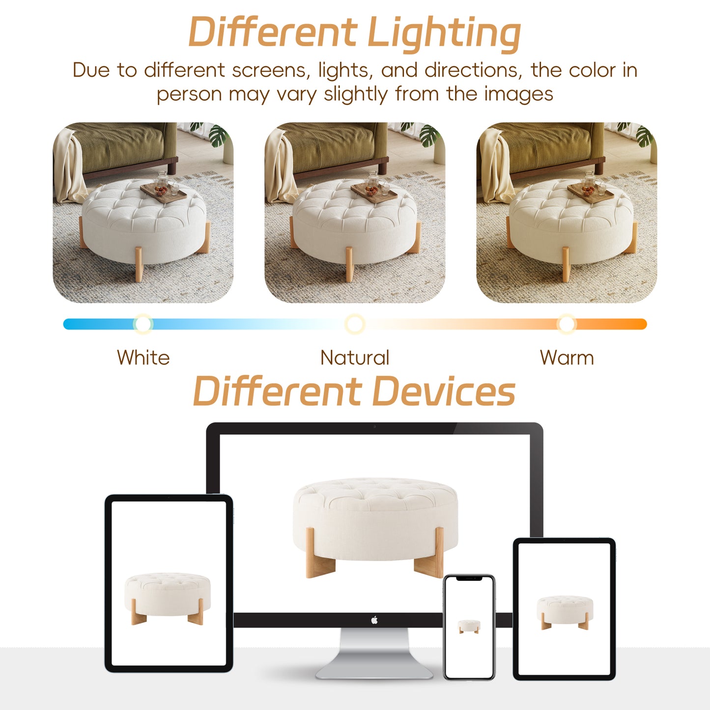 variant-group:rf-n723p405298a|Roomfitters 32 Inch Oversized Round Button-Tufted Ottoman, Upholstered Coffee Table Footrest with Wood Legs, Beige