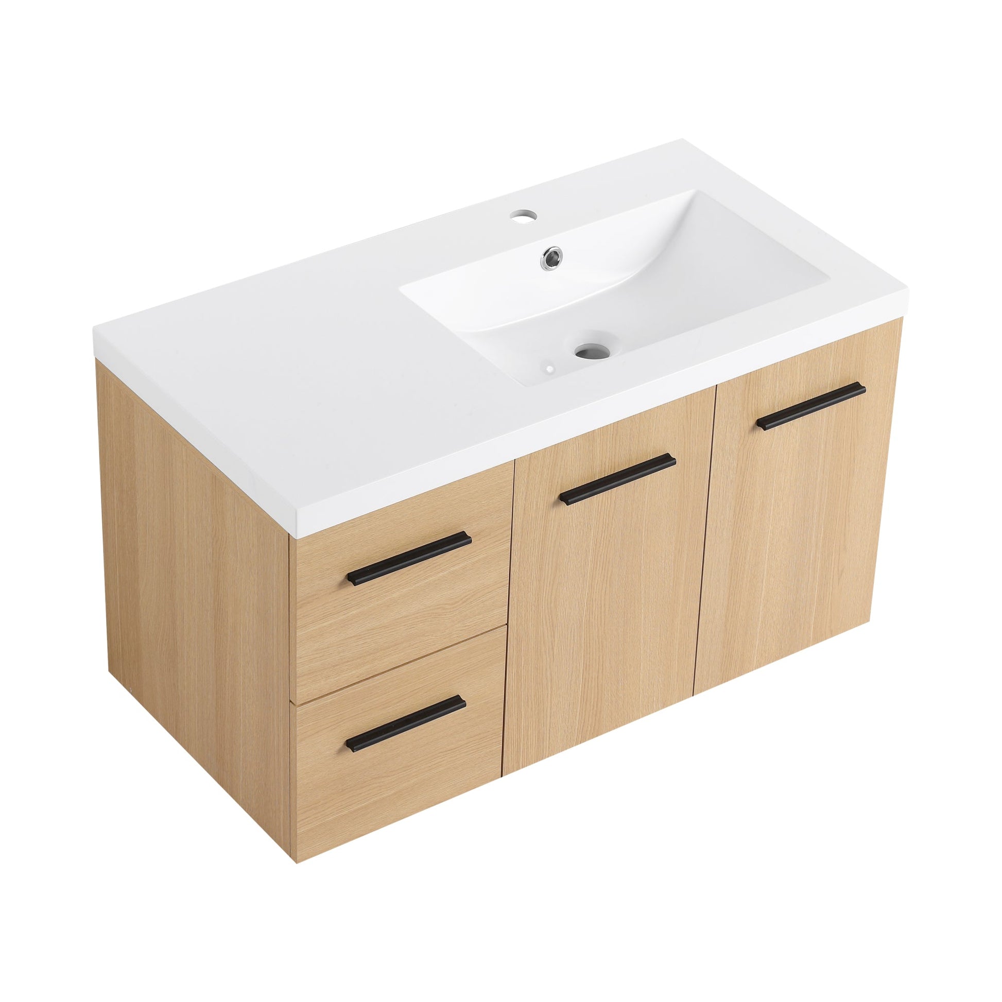 36" Wall-Mounted Floating Bathroom Vanity with Sink, Light Oak, 2-Door & 2-Drawer Modular Cabinet, Gel Coat Sink Top, 3 Boxes Roomfitters