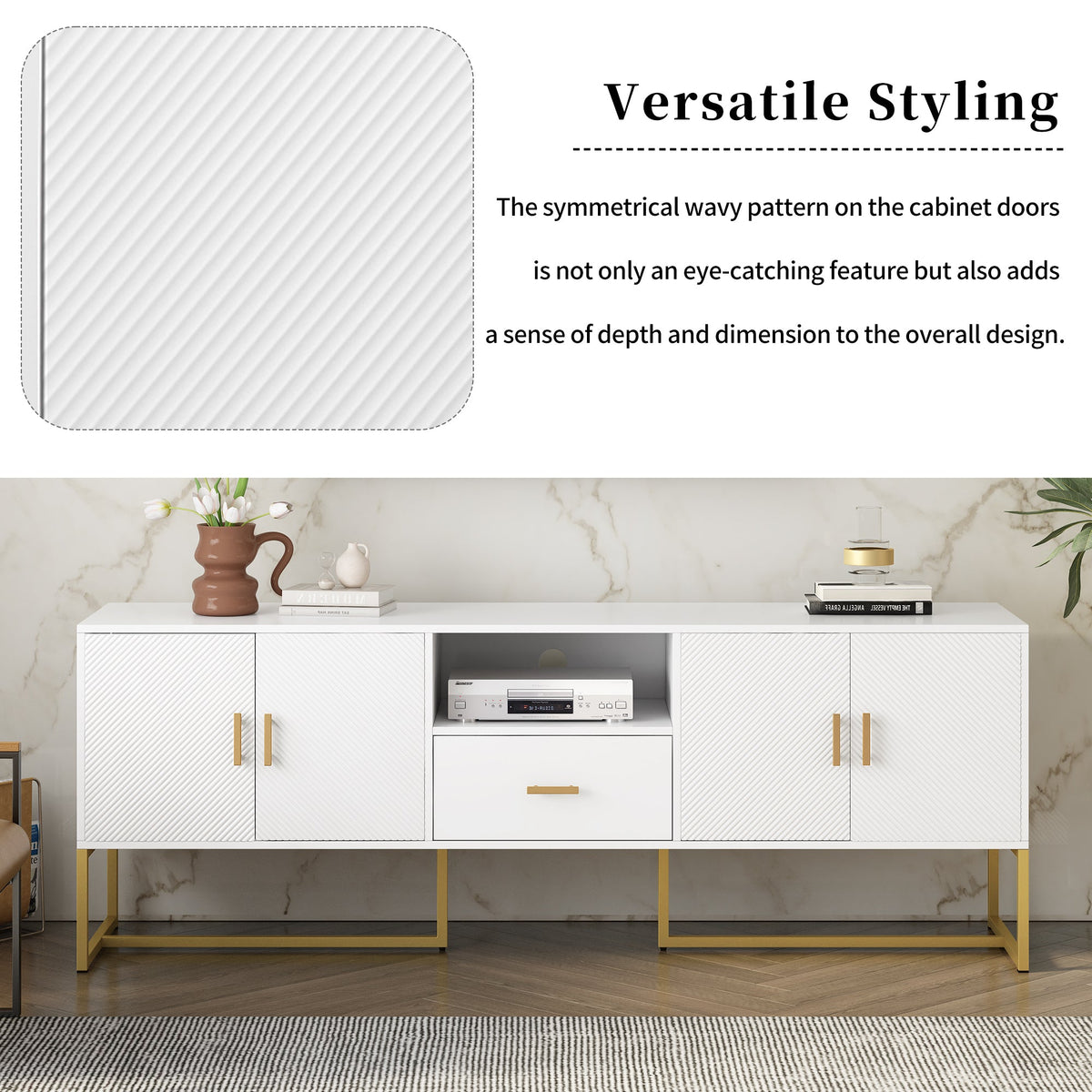 Roomfitters Modern TV Stand for up to 70 Inch TV, Media Cabinet with Drawer, Metal Legs and Safety Features, White Roomfitters