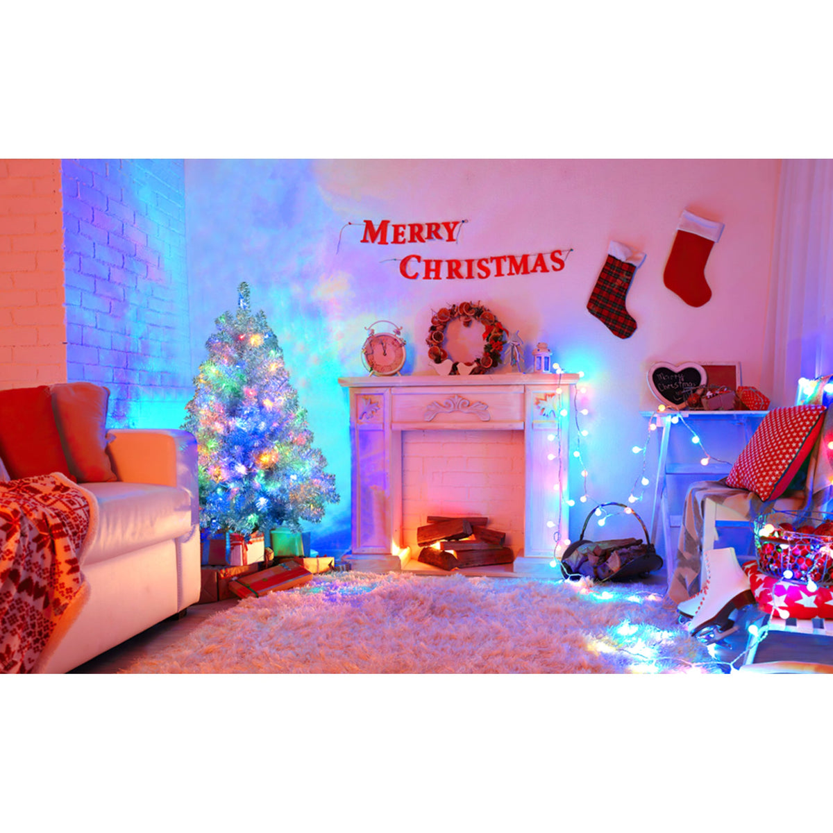 Roomfitters Pre-Lit Artificial Christmas Tree 4FT, Full Hinged Holiday Tree with Metal Stand, Warm Lights, 400 Tips, Silver Roomfitters