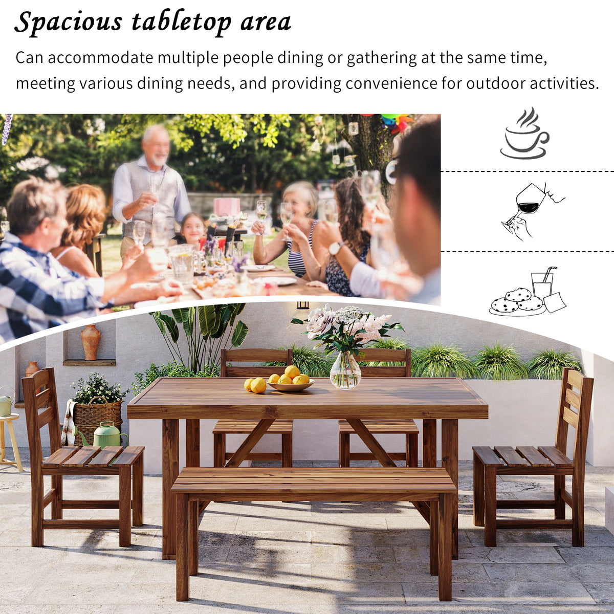 variant-group:rf-n711wy000472aae|Roomfitters 6-Piece Acacia Wood Outdoor Dining Set with Bench and 4 Chairs, Rectangular Table for Patio and Backyard, Brown