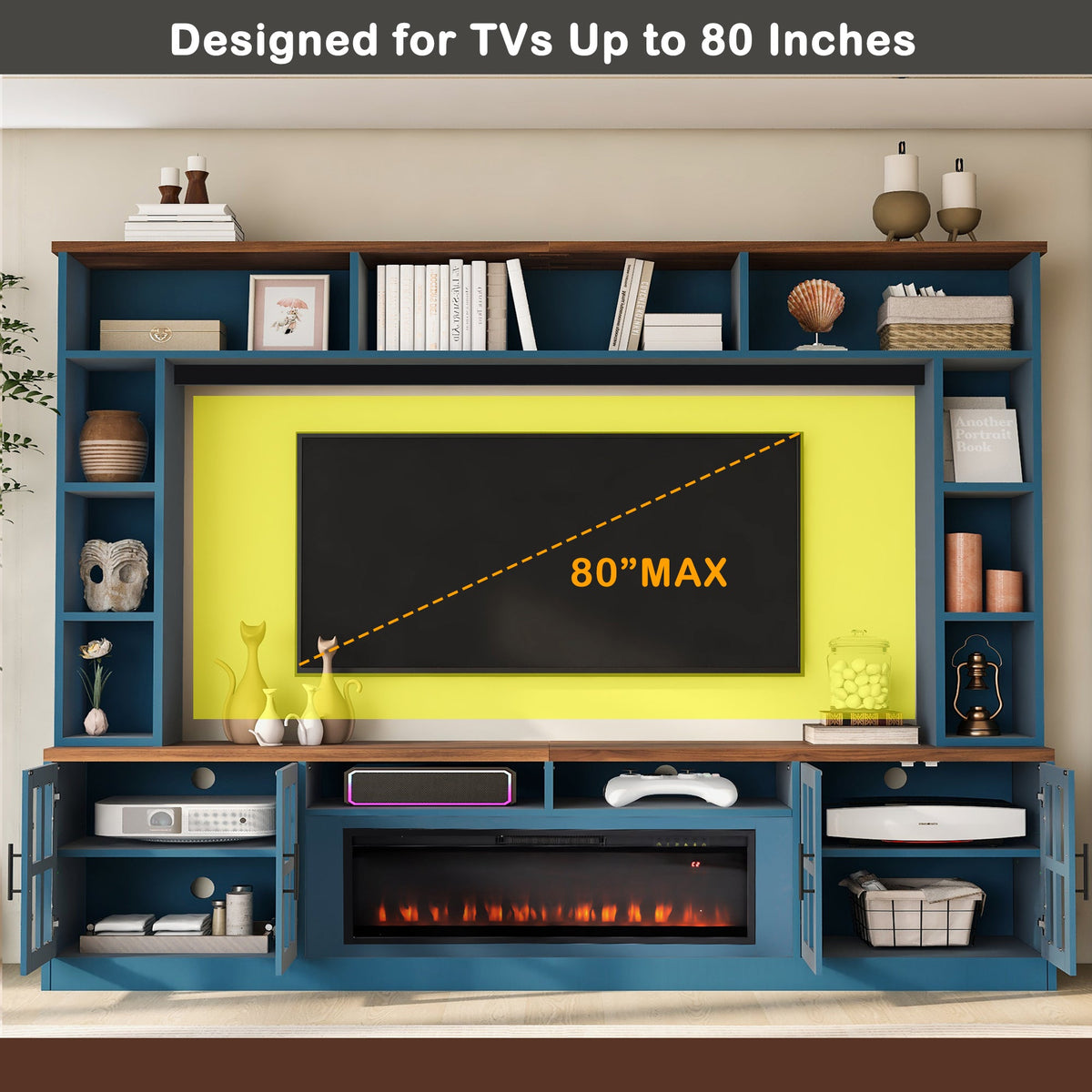 Roomfitters 95.5"W Large Wall Unit Entertainment Center, 39" LED Fireplace, Navy Blue Roomfitters