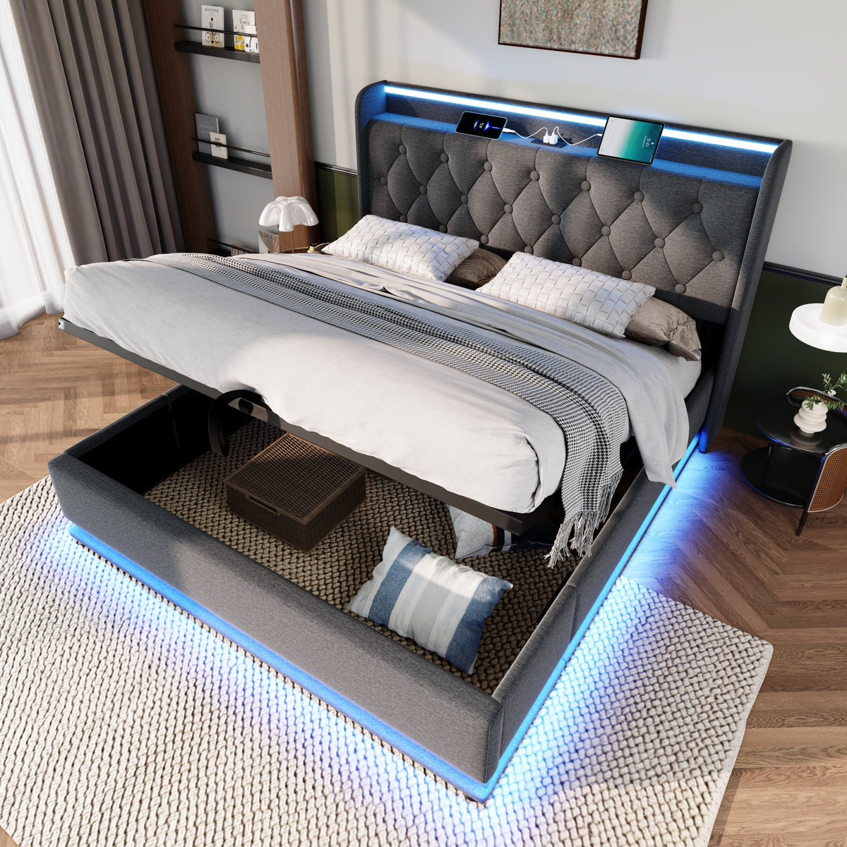 variant-group:rf-n736p188808g|Roomfitters King Size Upholstered Storage Bed with USB Type-C Charging and Remote Control, Linen Gray