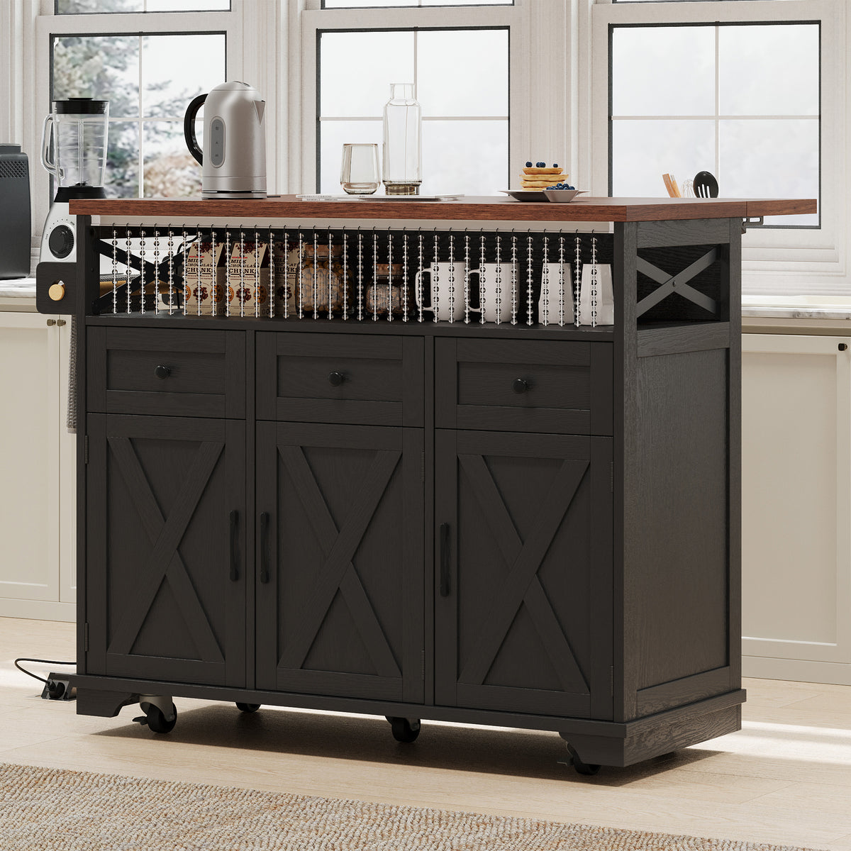 variant-group:rf-n707p254872b|Roomfitters 46.5" Rolling Kitchen Island with Drop Leaf, Mobile Cart with 2 AC Outlets & USB, Beaded Drape & 3 Drawers, Black