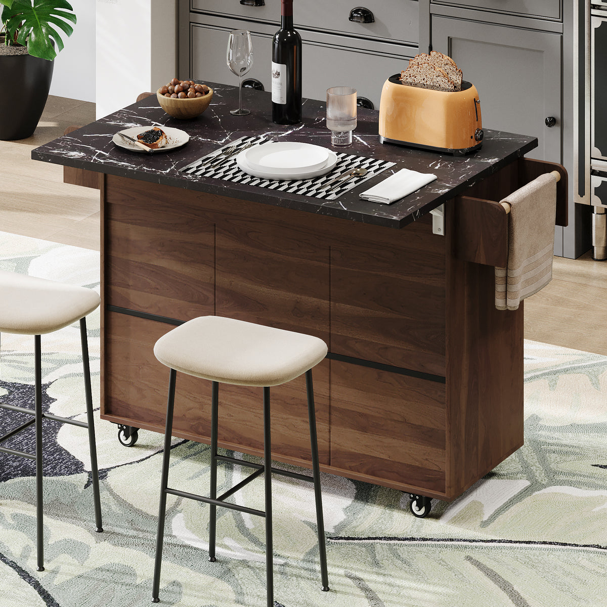 variant-group:rf-n707wf326381aaz|Roomfitters Kitchen Island with Trash Can Storage Cabinet, Grey - Drop Leaf, Spice Rack, Towel Rack, Drawer, Adjustable Shelf, Rolling Island on Wheels, Walnut Brown