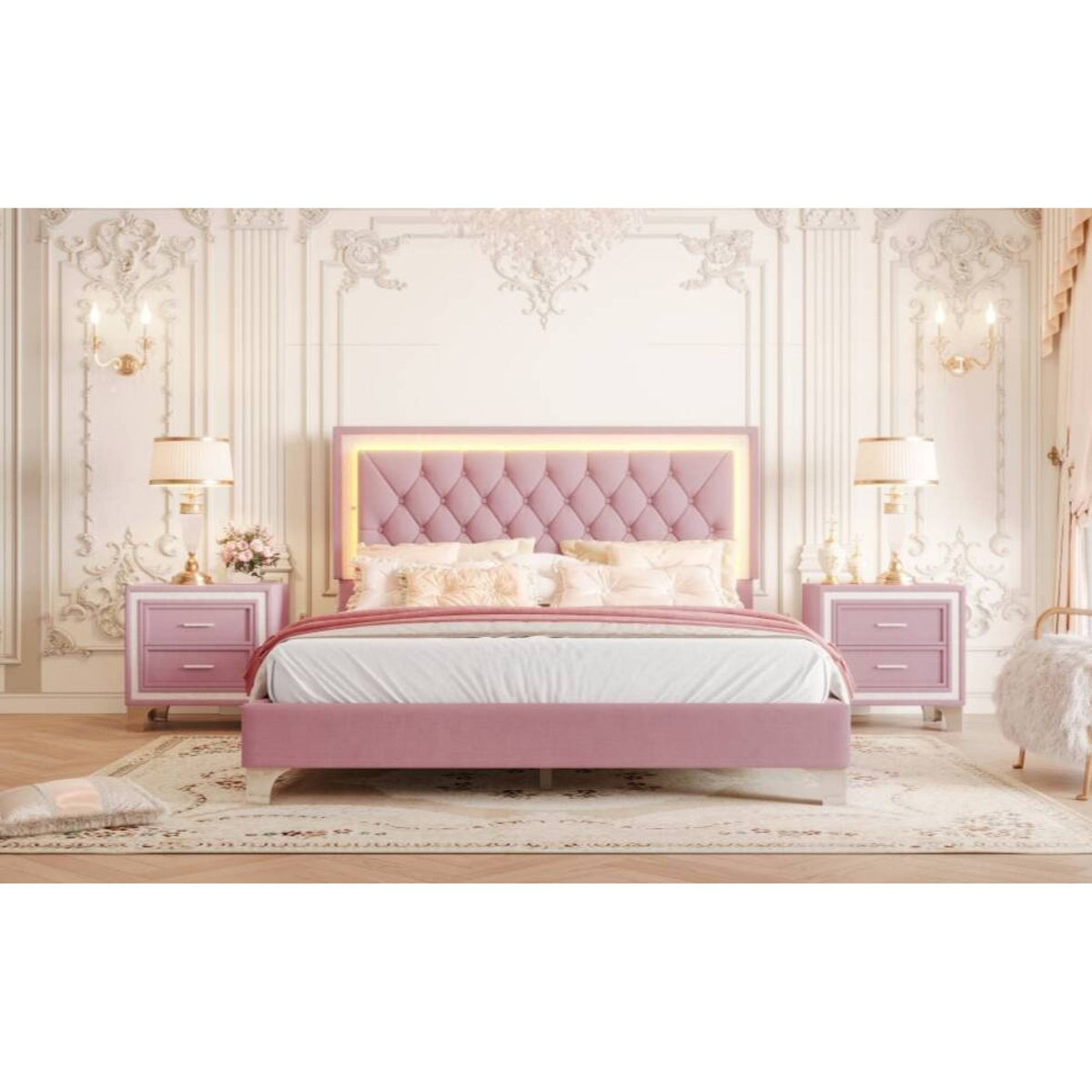variant-group:rf-n733p183657h|Roomfitters Modern Velvet Queen Platform Bed with Tufted Headboard and Built-In Lighting, Pink
