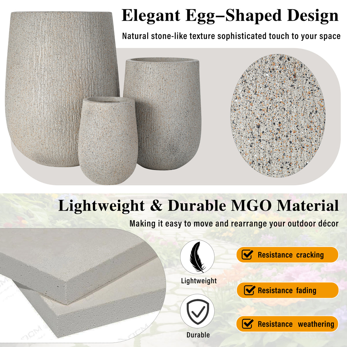 variant-group:rf-n711p406659e|Roomfitters Modern Egg-Shaped MGO Planter Set, 3-Piece Textured Faux Stone Flower Pots, Grey Patio Garden Urns