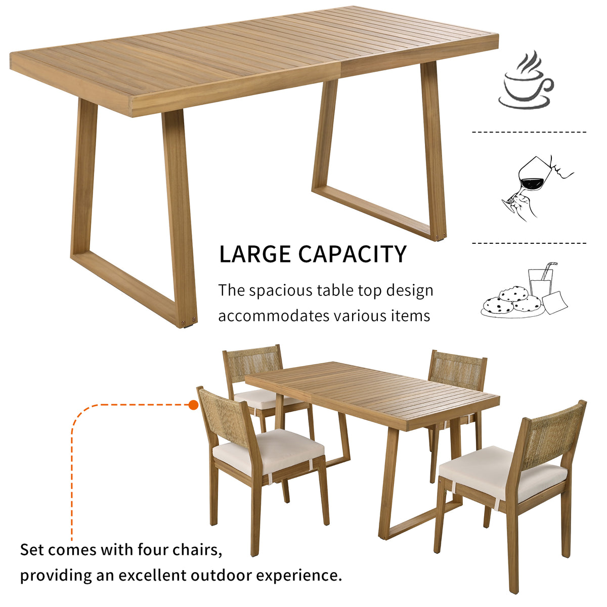 variant-group:rf-n711wy000393aaa|Roomfitters Outdoor Acacia Wood Dining Table and Chair Set with Thick Cushions, Patio Furniture for Garden, Beige