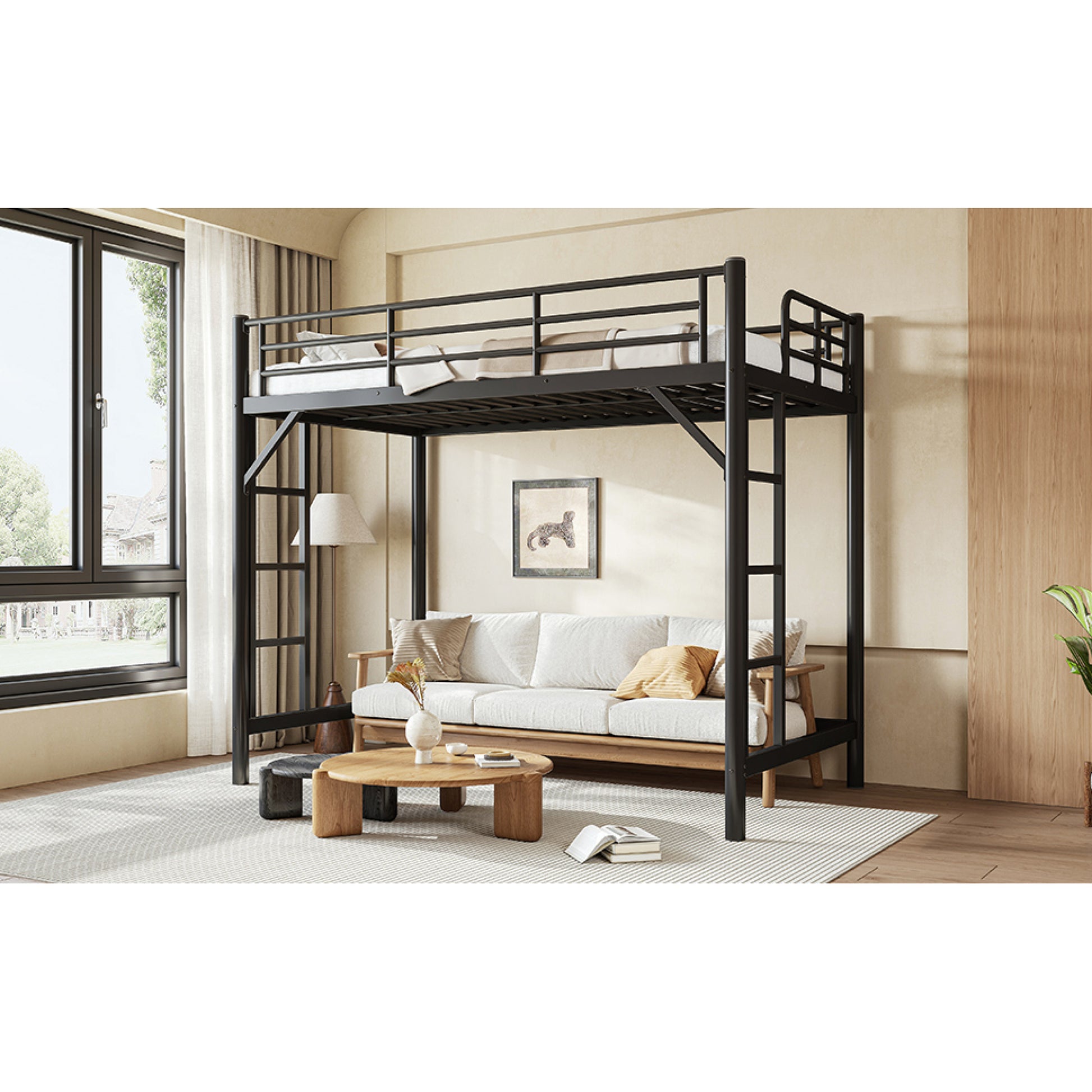 variant-group:rf-w1580p455013|Roomfitters Twin XL Size Metal Loft Bed Frame with Guardrails, Heavy Duty Space Saving High Loft Bed Dual Ladders, Black