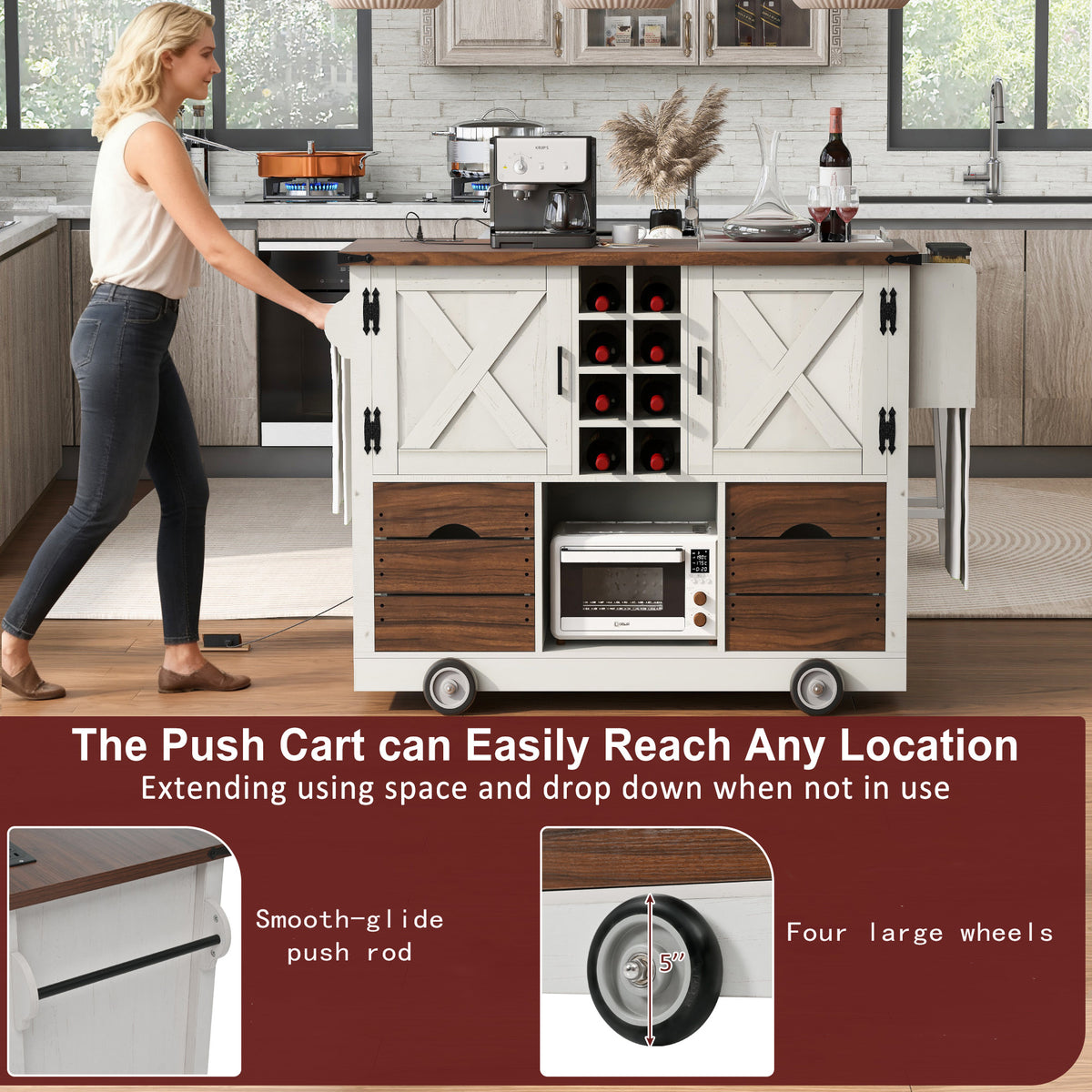 variant-group:rf-n707p349814w|Roomfitters 54" Farmhouse Kitchen Island with Drop Leaf, Power Outlet, Wine Rack, 2 Drawers, 2 Doors, White
