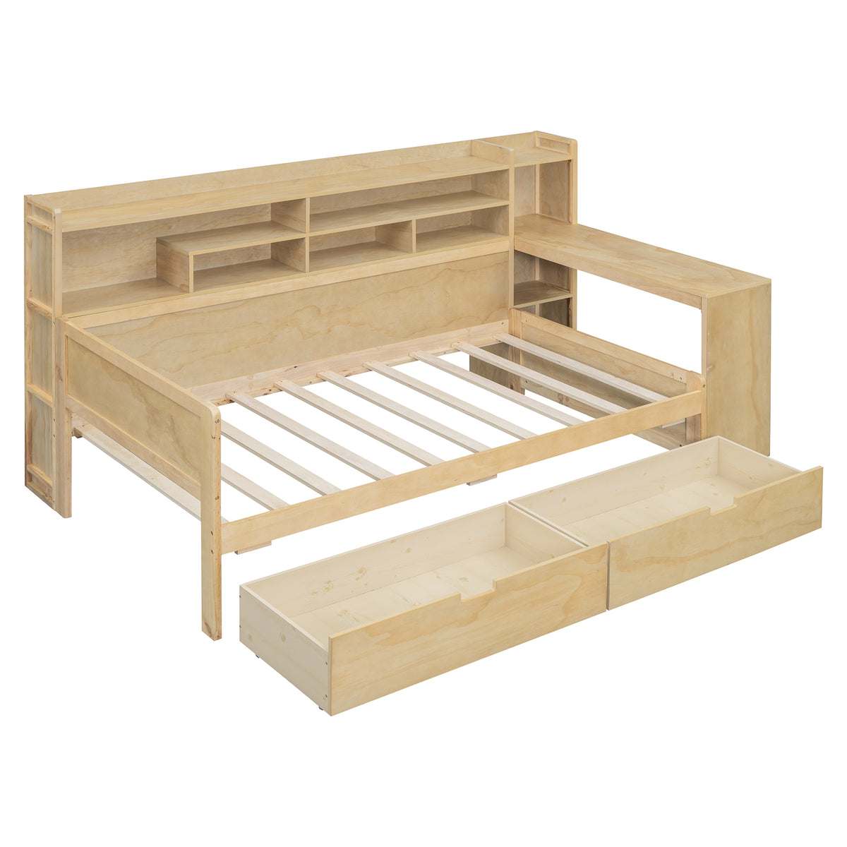 variant-group:rf-n733s241484m|Roomfitters Wooden Twin Size Daybed with Storage Shelves, Multi-functional Bed with Two Storage Compartments and Study Desk, Natural