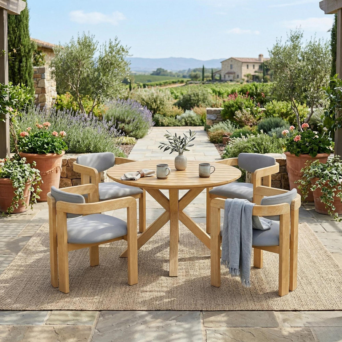 variant-group:rf-n704g201258l|Roomfitters 5-Piece Outdoor Acacia Wood Round Dining Set with Ergonomic Barrel Armchairs Gray Cushions