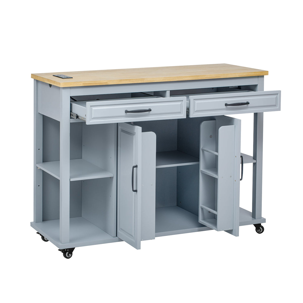 Roomfitters 47" Kitchen Island with Power Outlet and Drop Leaf, Rolling Storage Cabinet with Drawers, Modern Style, Grey+Blue