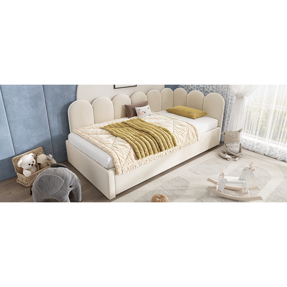 variant-group:rf-n736aa20362122b|Roomfitters Velvet Upholstered Twin Daybed with Pull Out Trundle, Sofa Bed with Metal Slat Frame, Beige
