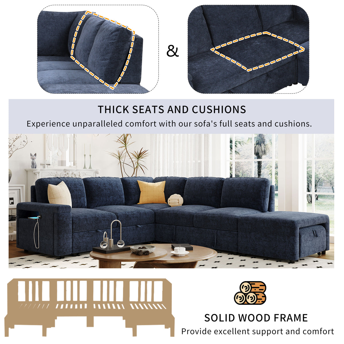 variant-group:rf-n711wy000390aac|Roomfitters L-Shaped Padded Modular Sofa with Storage Space, USB Ports, and Cup Holders on the Armrests, Suitable for Living Rooms, Offices, and Apartments, Blue