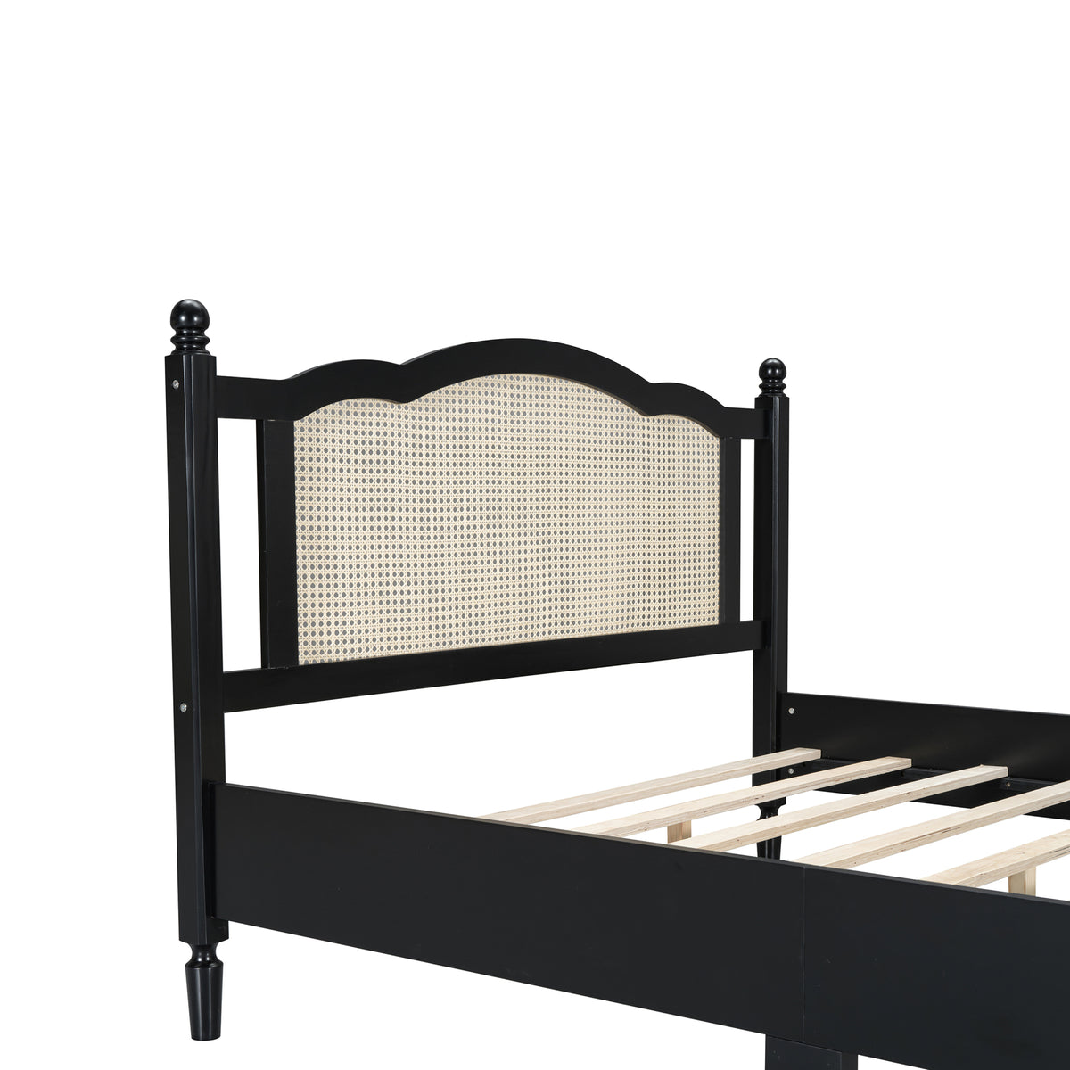 variant-group:rf-n733p180013b|Roomfitters Queen Size Wooden Platform Bed with Natural Rattan Headboard, Vintage-Inspired Bed Frame with Sturdy Wooden Slat Support for Timeless Elegance, Black
