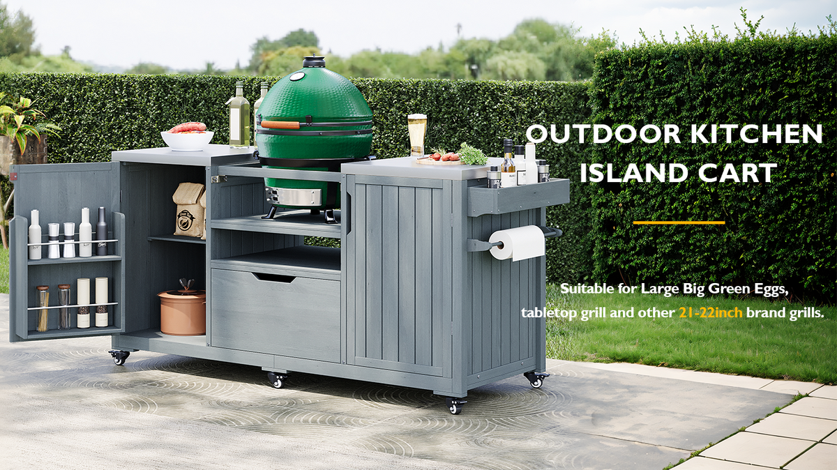 variant-group:rf-n707p250629g|Roomfitters 66.5" Outdoor Kitchen Island for Big Kamado Grills, Wood Grill Cart with Stainless Steel Top, Storage, Grey Blue
