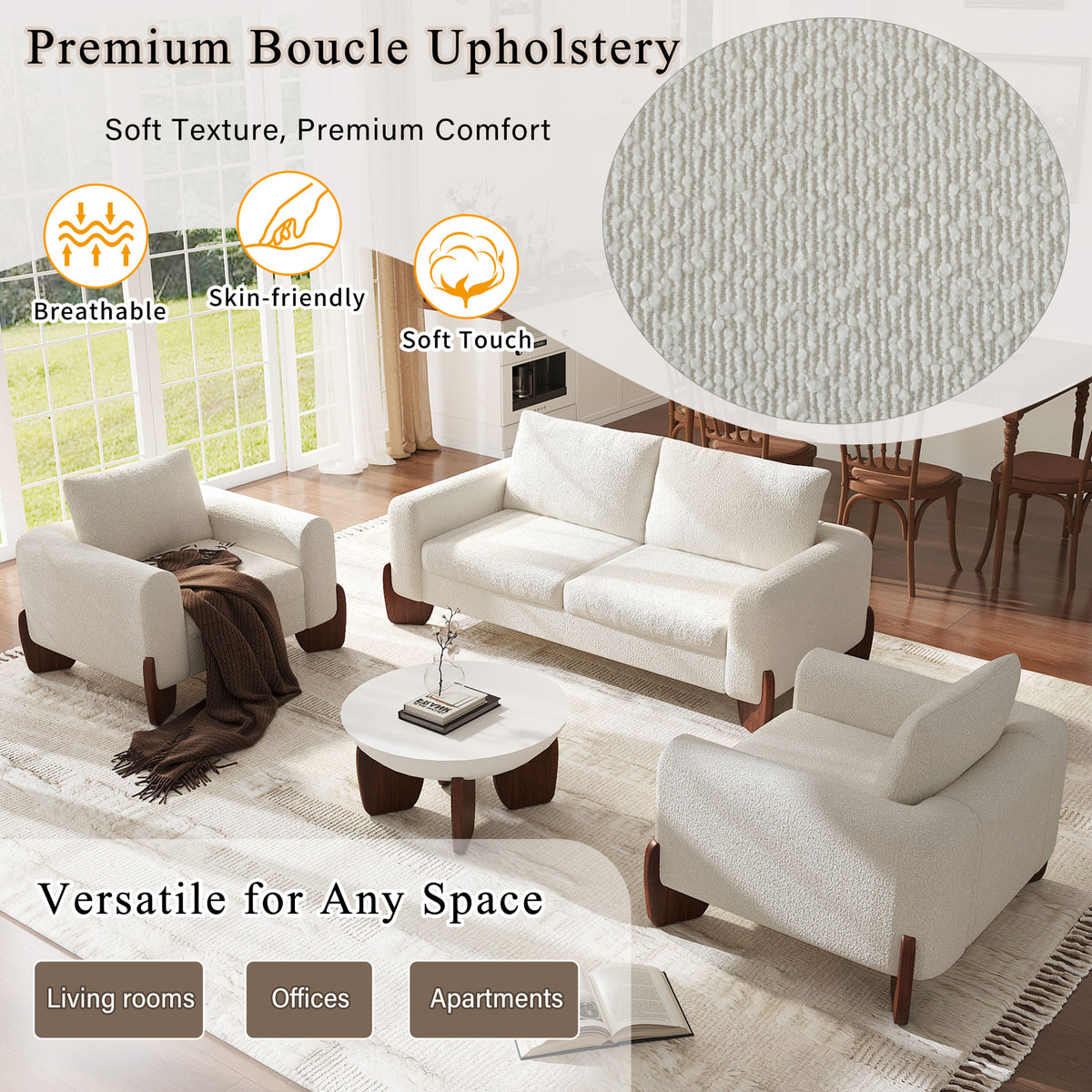 variant-group:rf-n711wy000479aaa|Roomfitters Modern 3-Piece Living Room Sofa Set, Bouclé Fabric Loveseat and 2 Armchairs Pack, Beige Pinewood Lounge