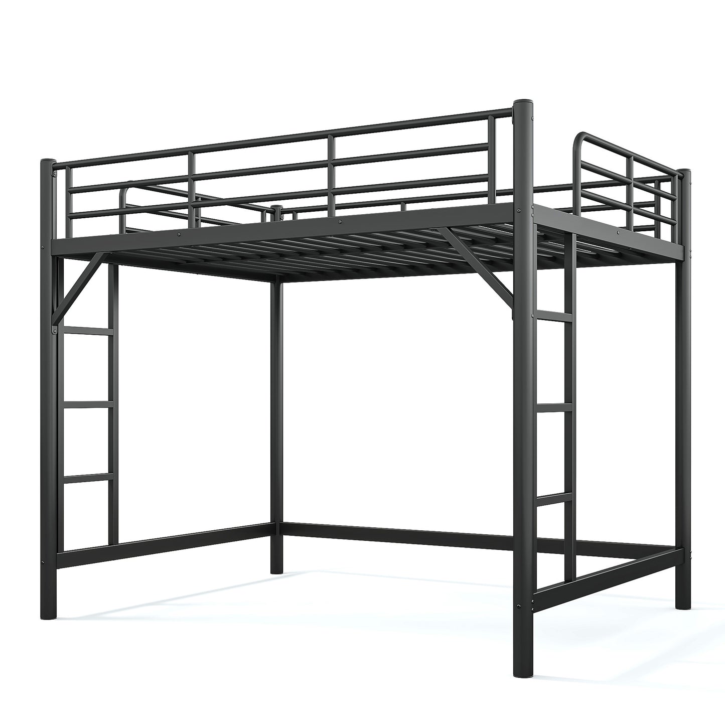 variant-group:rf-w1580p455017|Roomfitters Queen Size Metal Loft Bed Frame with Guardrails, Heavy Duty Space Saving High Loft Bed Dual Ladders, Black