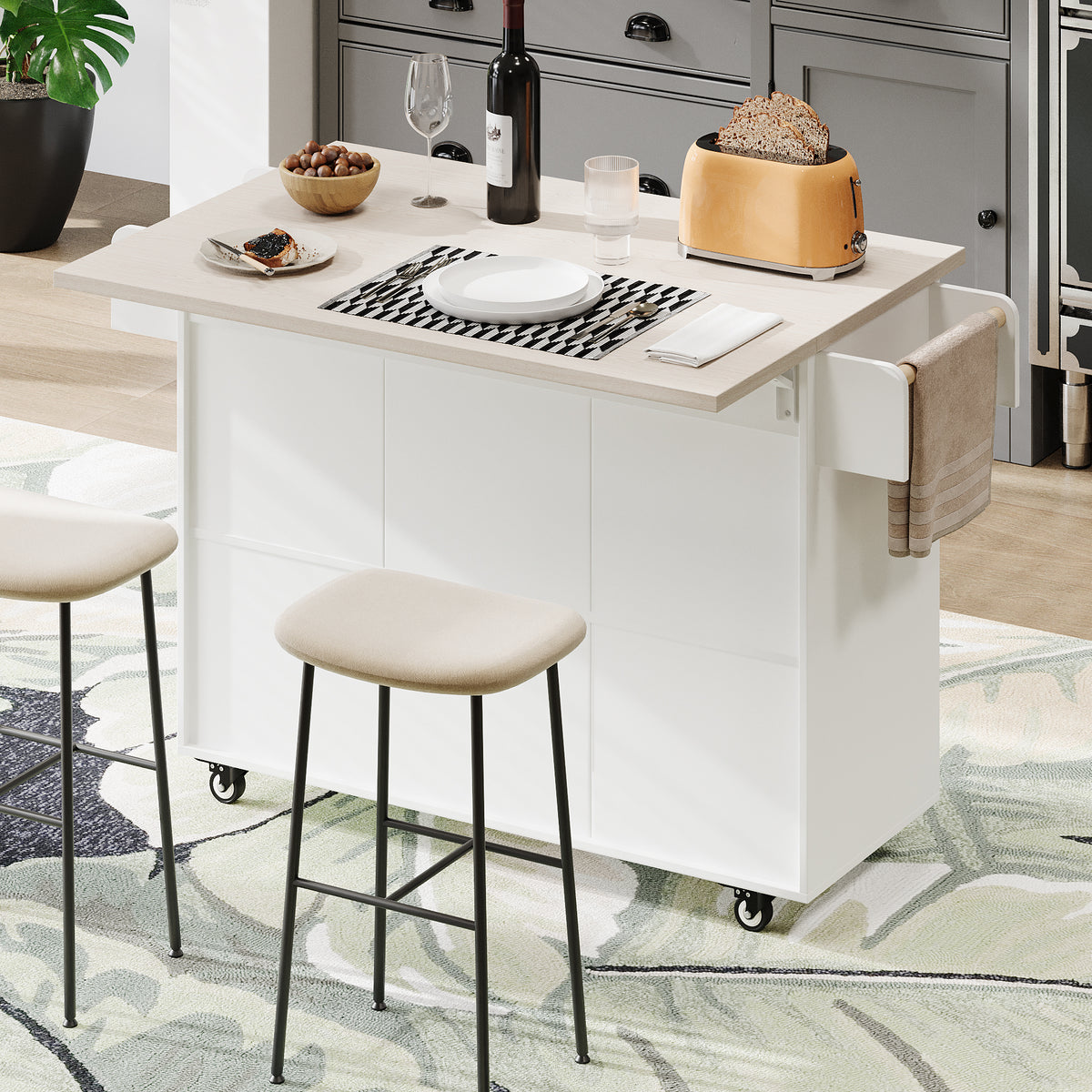 variant-group:rf-n707wf326381aaw|Roomfitters Kitchen Island with Trash Can Storage Cabinet, Grey - Drop Leaf, Spice Rack, Towel Rack, Drawer, Adjustable Shelf, Rolling Island on Wheels, Ameican White Oak