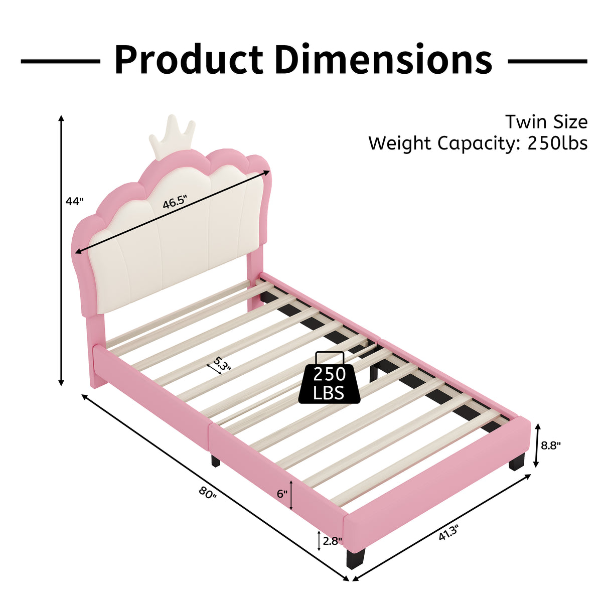 variant-group:rf-n733p180807h|Roomfitters Princess Upholstered Twin Platform Bed with Crown Headboard & Footboard, Cream Pink