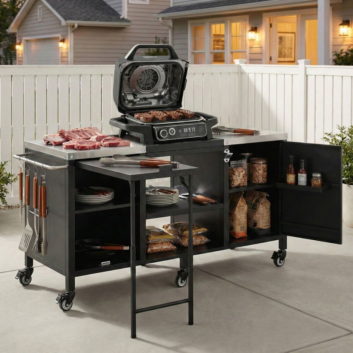 Roomfitters 72.4"W Extra Large Grill Cart, Outdoor Kitchen Prep Station with Stainless Steel Top and Folding Side Table, Black