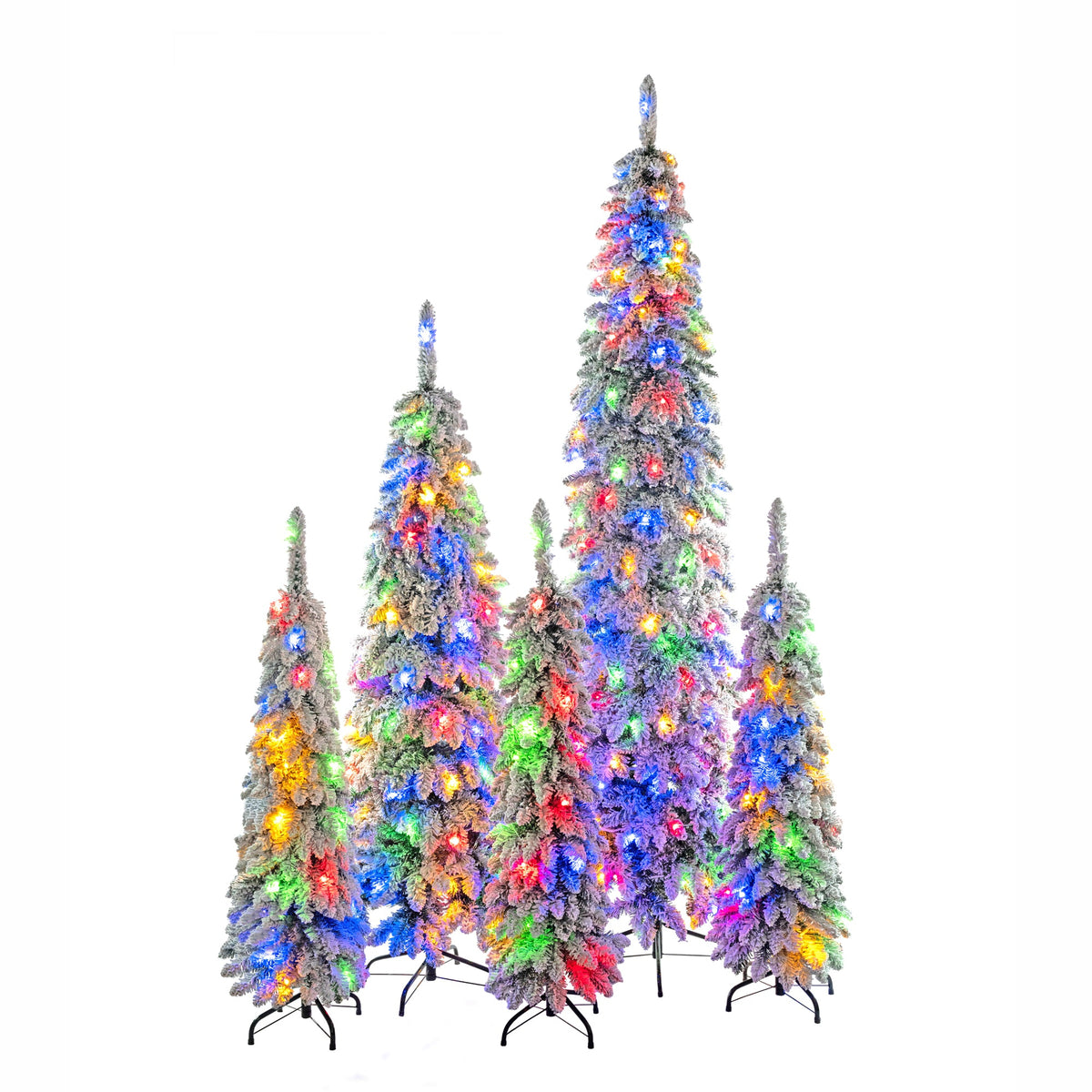 Roomfitters Pre-Lit Pencil Christmas Tree Set 8FT 6FT 4FT, 5-Pack Slim Snow-Flocked Artificial Trees with 1820 Tips, White Roomfitters
