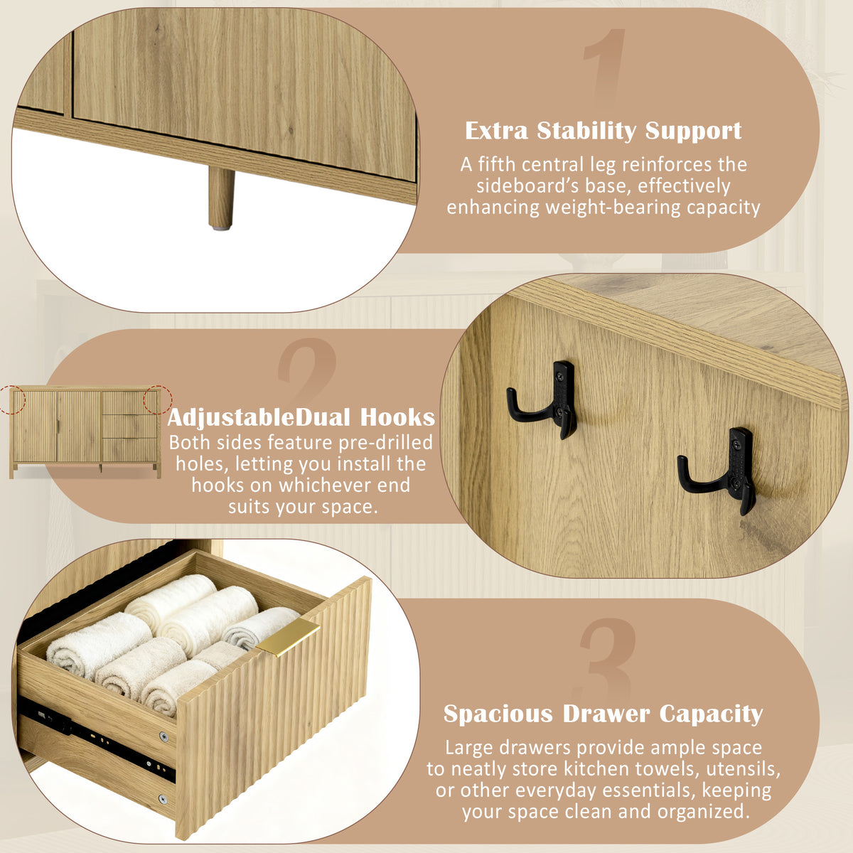 variant-group:rf-n711p345172o|Roomfitters Sideboard Buffet Cabinet with 3 Drawers, 2 Door Mid-century Fluted Accent Storage for Kitchen & Dining, Natural