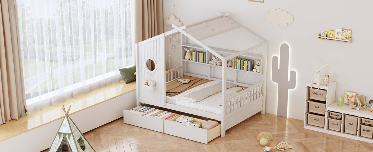 variant-group:rf-n733s308487k|Roomfitters Wooden Full Size House Bed with 2 Drawers and Storage Shelf, White