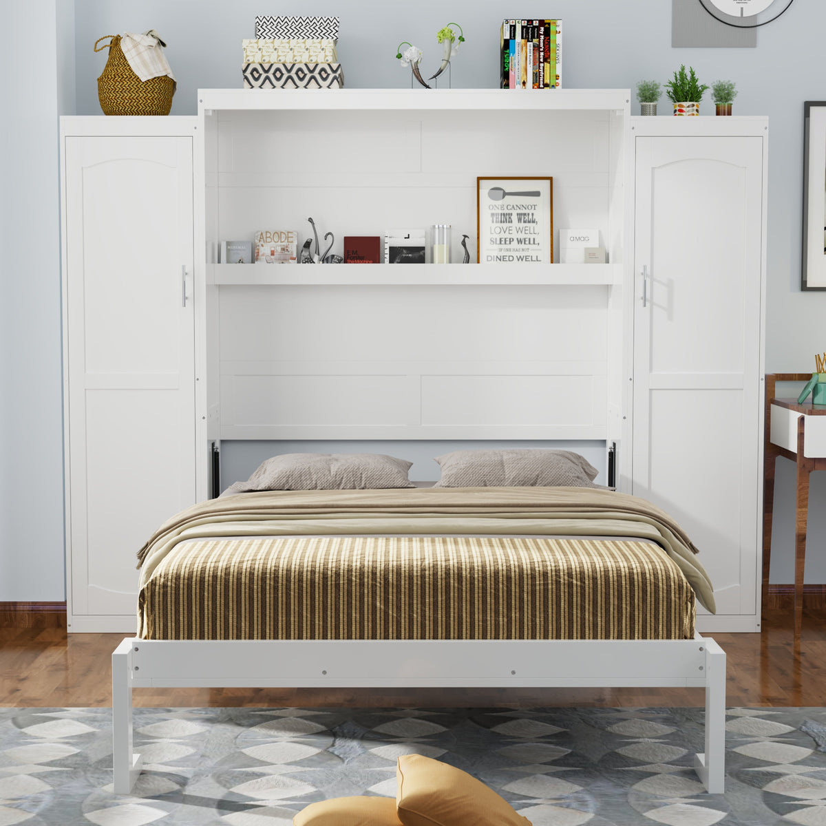 Roomfitters Queen Murphy Bed with Storage Cabinets and Shelf, Foldable Wall Bed Platform for Guest Room and Bedroom, White Roomfitters