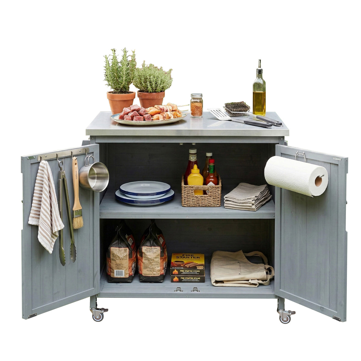 variant-group:rf-n707p370287g|Roomfitters 42.1" Grill Cart, Outdoor Kitchen Island with Stainless Steel Top, BBQ Prep Station with Spice Rack, Grey+Blue
