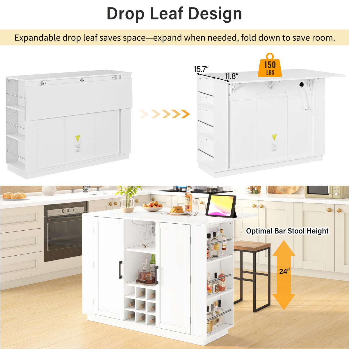 variant-group:rf-n711p437715k|Roomfitters 47.2-Inch Counter Height Bar Cabinet, White Sideboard Buffet Table, Foldable Drop Leaf, Built-In Power