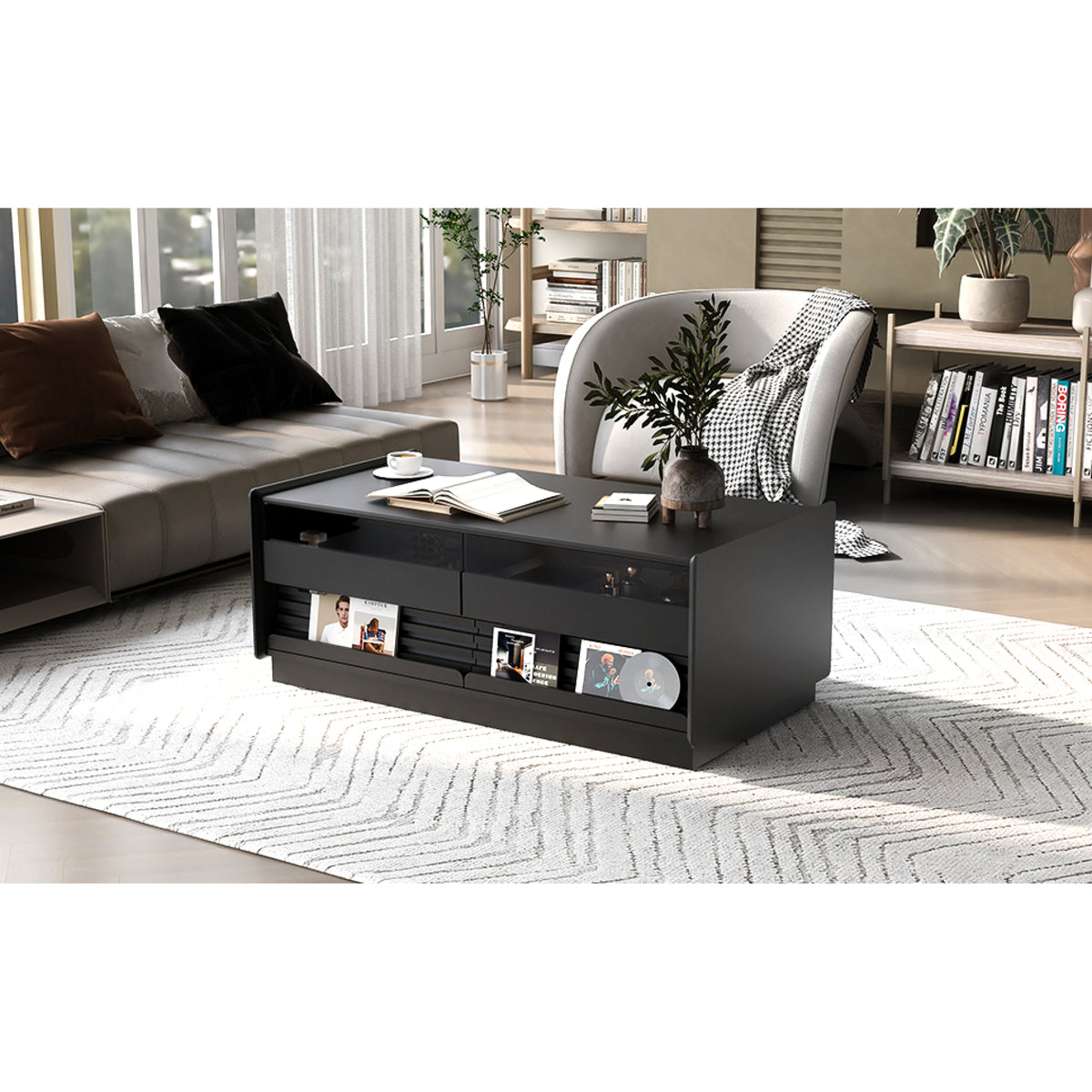 variant-group:rf-n724p286421b|Roomfitters Rectangle Coffee Table with Fluted Style, 4 Storage Compartments and Glass Display Shelves, Black