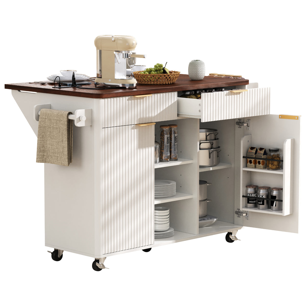 variant-group:rf-n707s000019w|Roomfitters 52" Fluted Kitchen Island with Drop Leaf, Power Outlet & Walnut Wood-Grain Top, White
