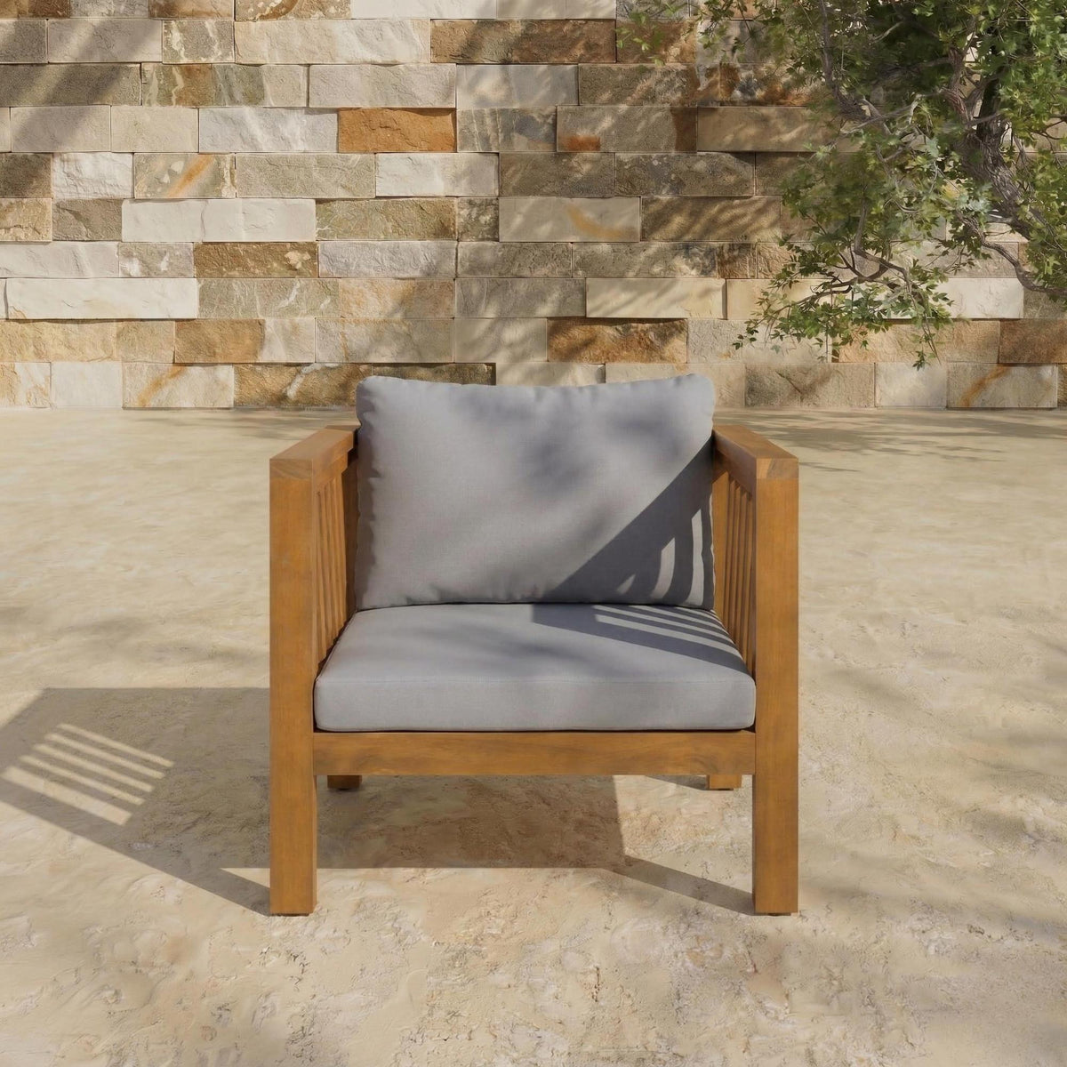 variant-group:rf-n704p448452e|Roomfitters Outdoor Acacia Wood Club Chair with Modern Mid-Century Square Arms and Thick Cushion Gray