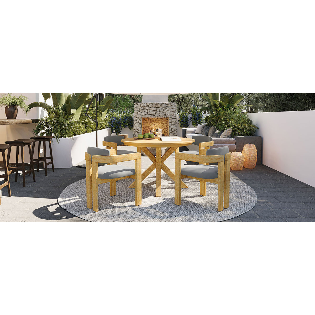 variant-group:rf-n704g201258l|Roomfitters 5-Piece Outdoor Acacia Wood Round Dining Set with Ergonomic Barrel Armchairs Gray Cushions