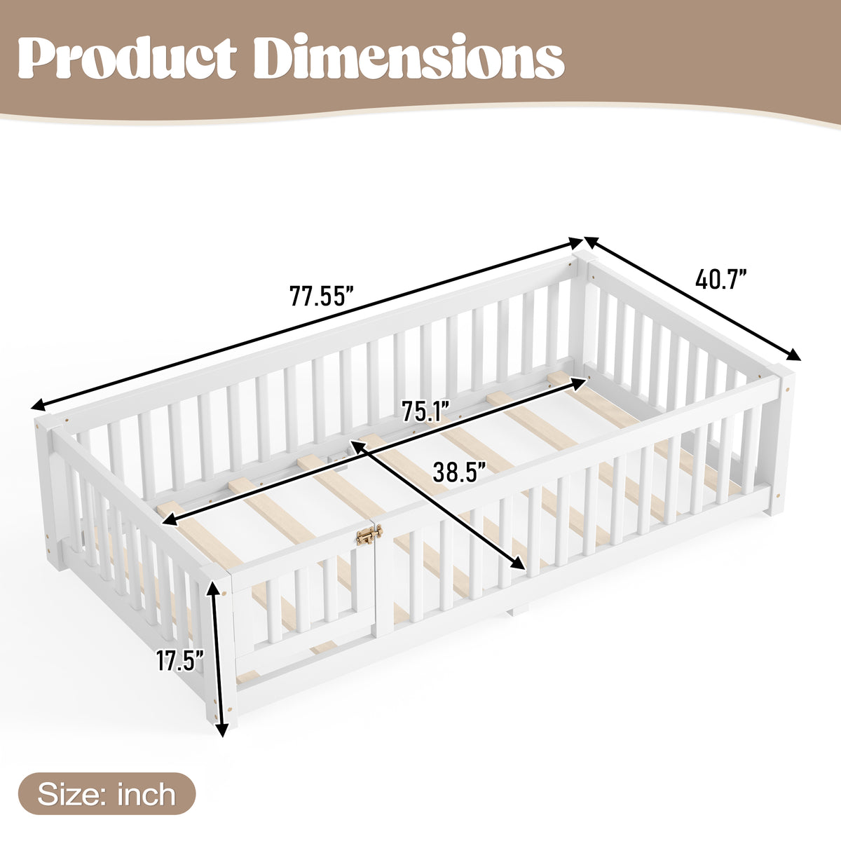 variant-group:rf-w1580p462311|Roomfitters Twin Size Wooden Floor Bed Frame with Safety Guardrails Door, Solid Wood Low Profile Toddler Play Bed, White