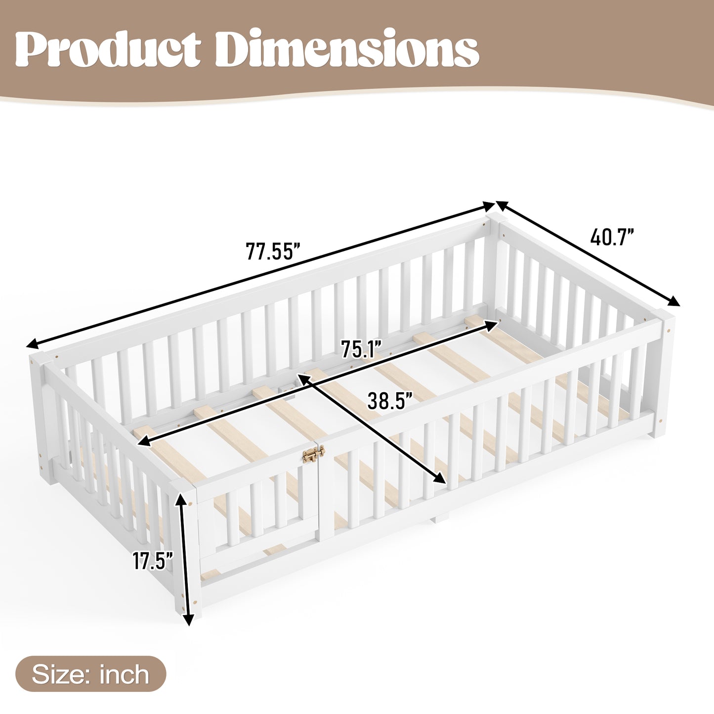 variant-group:rf-w1580p462311|Roomfitters Twin Size Wooden Floor Bed Frame with Safety Guardrails Door, Solid Wood Low Profile Toddler Play Bed, White