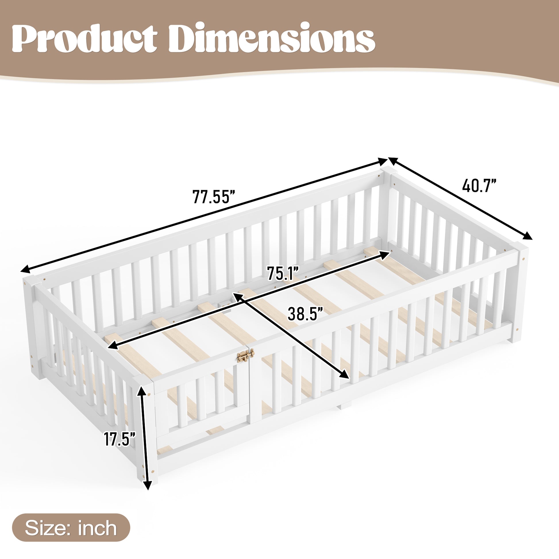 variant-group:rf-w1580p462311|Roomfitters Twin Size Wooden Floor Bed Frame with Safety Guardrails Door, Solid Wood Low Profile Toddler Play Bed, White