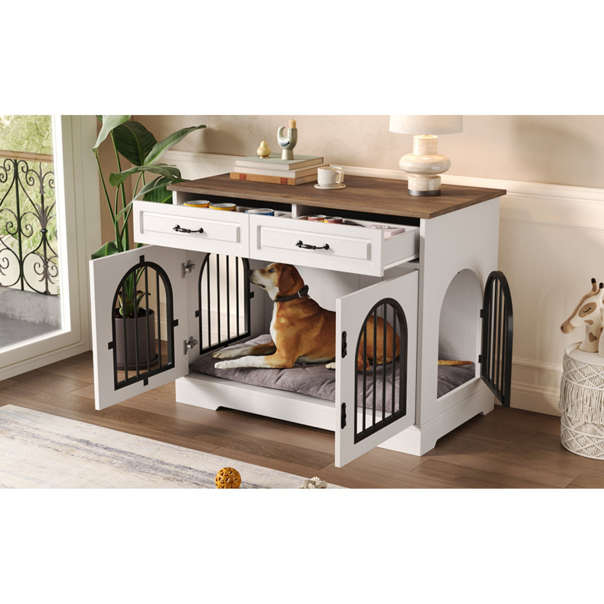 Roomfitters 43-Inch Heavy Duty Indoor Dog Crate Furniture End Table with Escape Proof Arched Doors White Brown Roomfitters