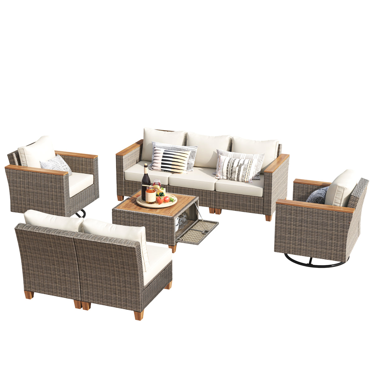 variant-group:rf-n707s005016z|Roomfitters 8-Piece Patio Furniture Set with 360 Swivel Rocker Chairs, Modular Outdoor Sectional Sofa & Table, Beige+Brown