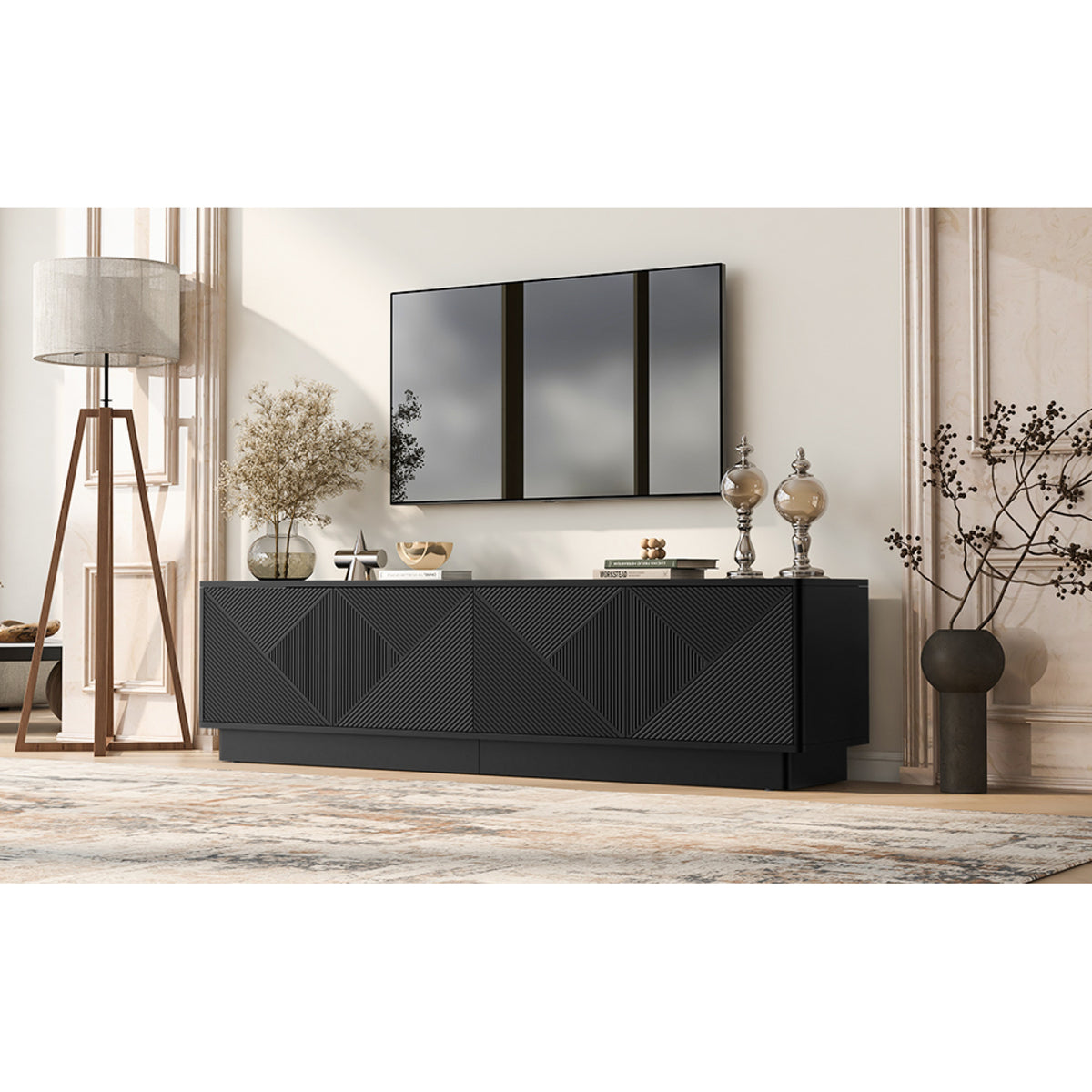 variant-group:rf-n724p426846b|Roomfitters Stylish 4-Door Wave Design TV Console with 16-Color USB LED Light, Black